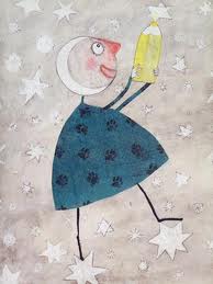 Ilustración de la luna pintando estrellas en el cielo